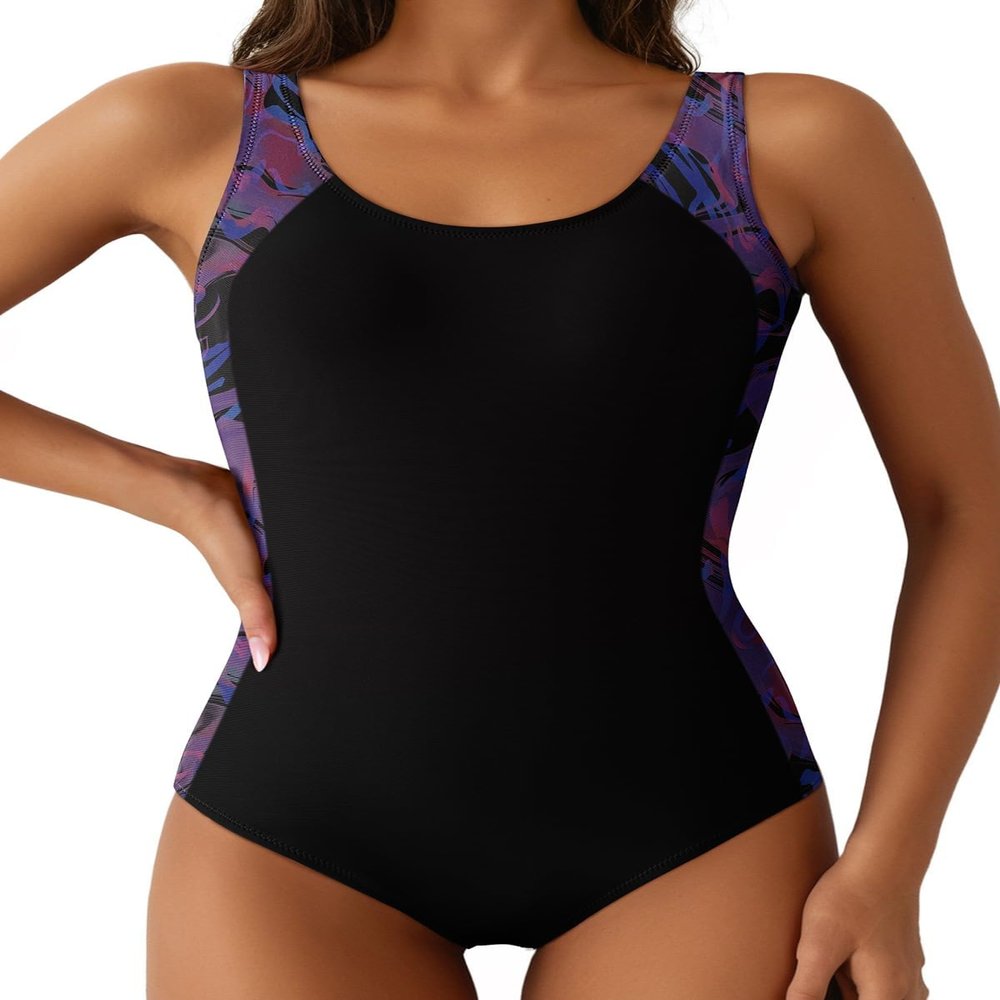 Aleumdr Women Bathing Suits One Piece Swimsuits Criss Cross Back Tummy Control Sports Athletic Monokini One Piece Swimwear Black Printed X-Large