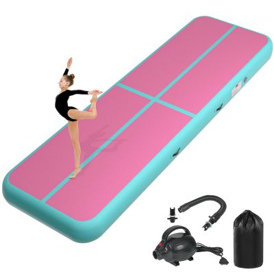 KIKILIVE Inflatable Air Gymnastics Tumbling Mat 16ft Pink Green, Air Tumble Track Mat 4 inches Thickness with Electric Air Pump for Home Use Training Cheerleading Yoga Water Beach Park