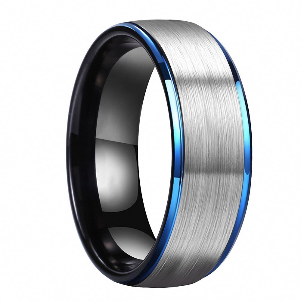 8 mm Tungsten Wedding Rings for Men Comfort Fit Stepped Edges Wedding Bands Jewelry Black Matted Finish