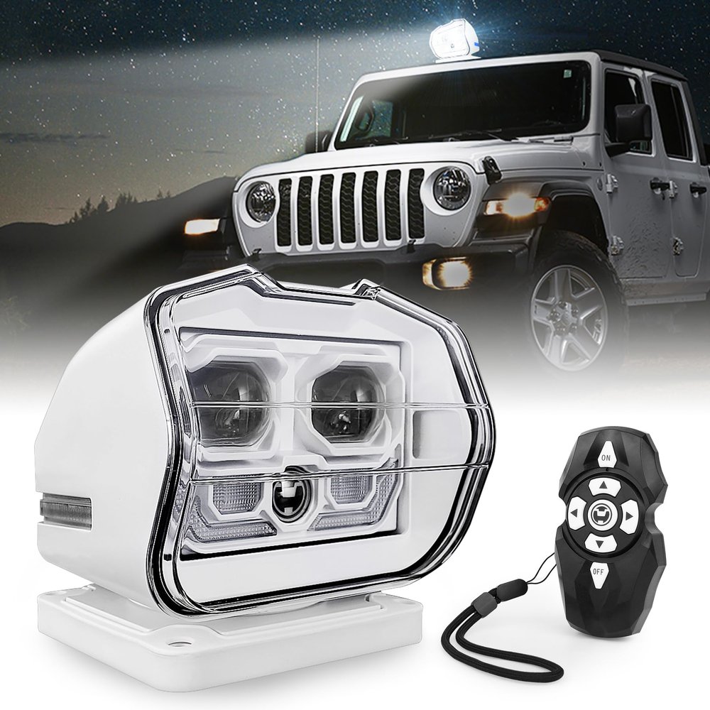 MOVOTOR LED Search Light Wireless Remote Control 360Rotating Automatic Search Spotlight with Strong Magnetic Base Permanent Mount for Boat Marine Truck Off road SUV-White