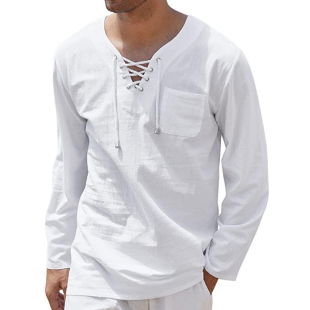 JEKE-DG Men Casual Cotton Linen T Shirt V Neck Lace-up Long Sleeve Tunic Yoga Tee Shirts Beach Lace Up Hippie Shirt (3X-Large,White)