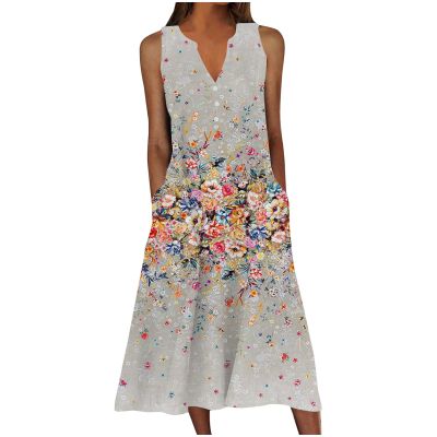 2-890 Multicolor Brunch Dress for Women Summer Fall Sleeveless V Neck Spandex Long Dress Ladies 2025 Clothing Y2K BB L