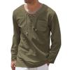 JEKE-DG Men Casual Cotton Linen T Shirt V Neck Lace-up Long Sleeve Tunic Yoga Tee Shirts Beach Lace Up Hippie Shirt (Medium,Pitch Green) view 1