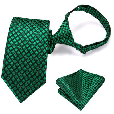 Hi-Tie Boys Pre-Tied Necktie Pocket Square Set Adjustable Strap Ties for School Uniform Graduation Wedding Kids Age 7-11,Green Plaid