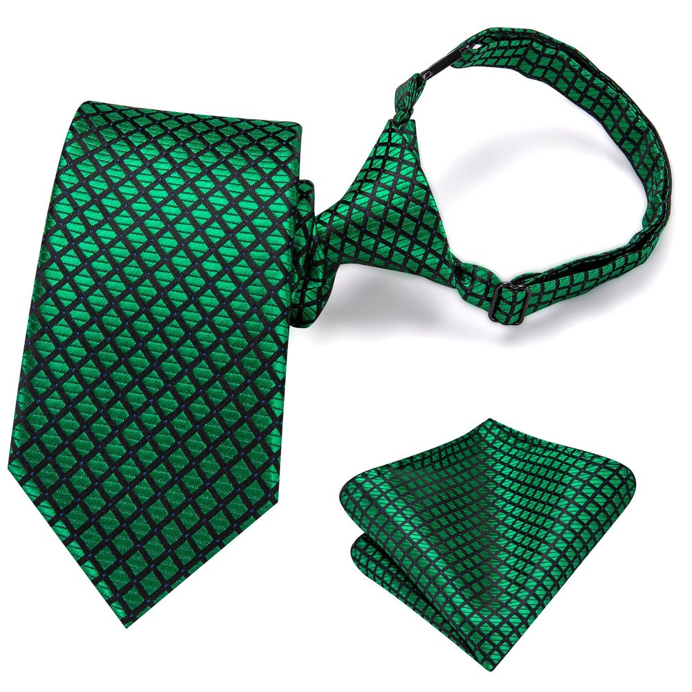 Hi-Tie Boys Pre-Tied Necktie Pocket Square Set Adjustable Strap Ties for School Uniform Graduation Wedding Kids Age 7-11,Green Plaid