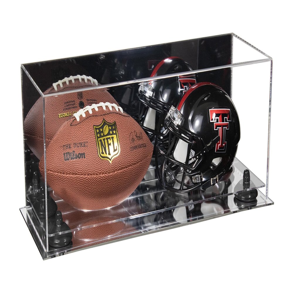 Better Display Cases Acrylic Mini - Miniature (not Full Size) Football and Helmet Display Case with Mirror Case, Black Risers and Mirror Base (B46/A019)