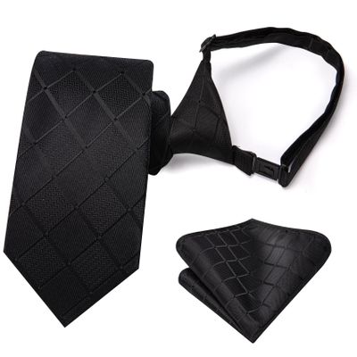 Hi-Tie Boys Pre-Tied Necktie Pocket Square Set Adjustable Strap Ties for School Uniform Graduation Wedding Kids Age 7-11,Black Plaid
