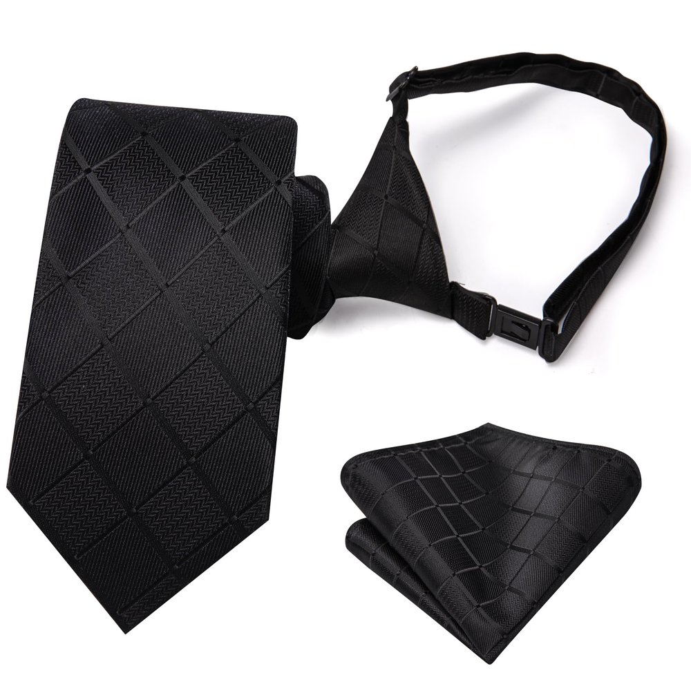 Hi-Tie Boys Pre-Tied Necktie Pocket Square Set Adjustable Strap Ties for School Uniform Graduation Wedding Kids Age 7-11,Black Plaid
