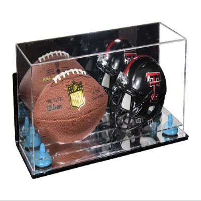 Better Display Cases Acrylic Mini - Miniature (not Full Size) Football and Helmet Display Case with Mirror Case, Light Blue Risers, Wall Mount and Mirror Base (B46/A019)