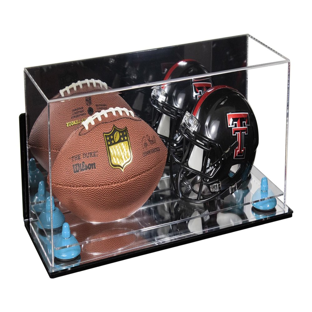 Better Display Cases Acrylic Mini - Miniature (not Full Size) Football and Helmet Display Case with Mirror Case, Light Blue Risers, Wall Mount and Mirror Base (B46/A019)