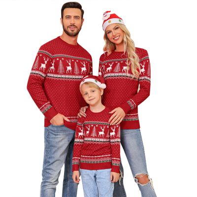 Cowasto Family Matching Sets Crewneck Long Sleeve Ugly Sweaters Cute Reindeer Print Knit Pullover Sweaters Boys Grils