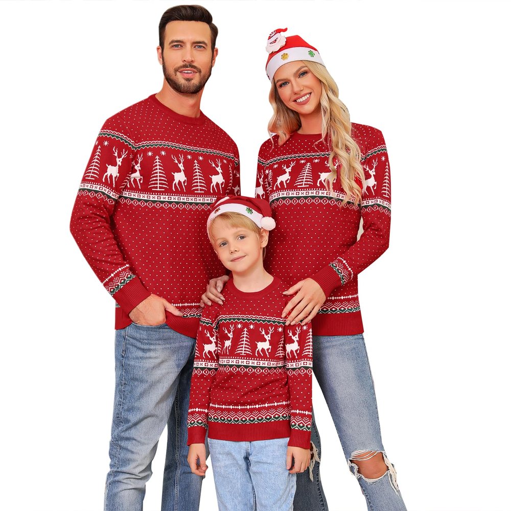 Cowasto Family Matching Sets Crewneck Long Sleeve Ugly Sweaters Cute Reindeer Print Knit Pullover Sweaters Boys Grils