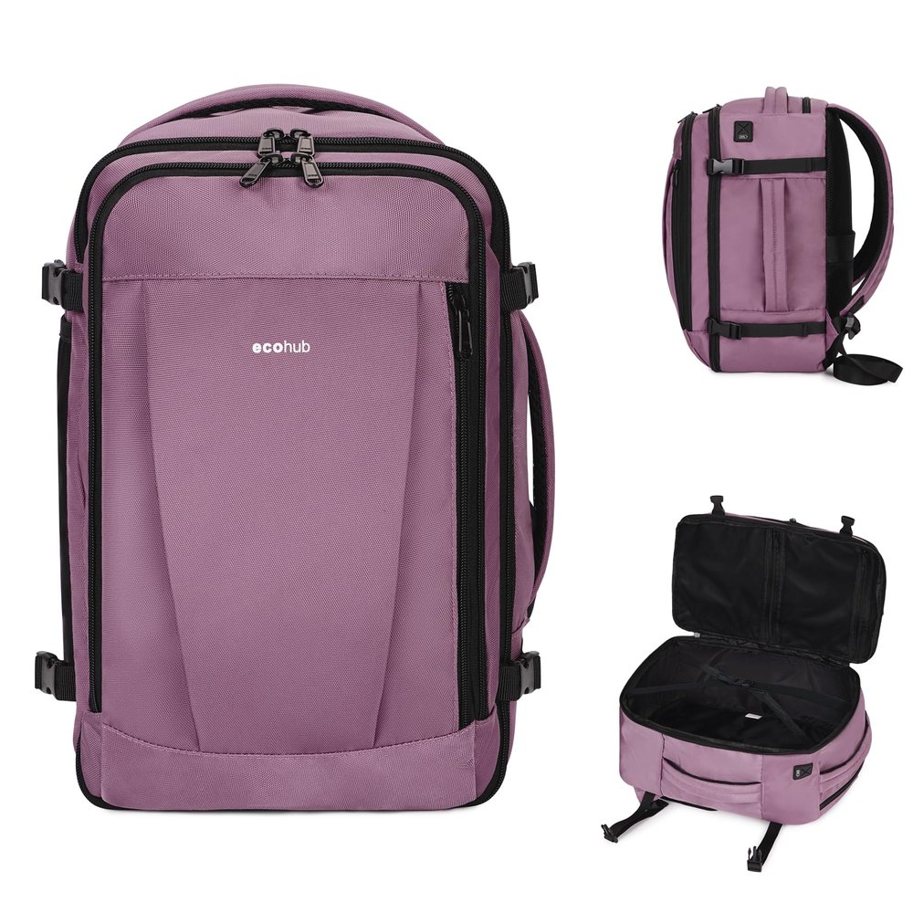 ECOHUB Travel Backpack 18x14x8 Spirit Airlines Personal Item Bag Carry On Backpack 13 Pockets Large Work Casual Daypack for men Airline Approved Waterproof Gym Backpacks with Charging Port, Pink