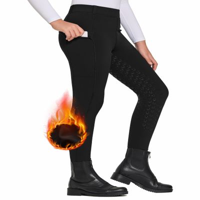 FitsT4 Sports Girls Winter Riding Pants Fleece Lined Riding Breeches Kids Full Seat Equestrian Pants Tights with Pockets Black,XL