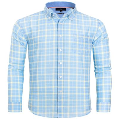 Alimens & Gentle Plaid Button Down Shirt Men Long Sleeve Blue Yellow Gingham Regular Formal Business Office Dress Shirts