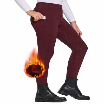 FitsT4 Sports Girls Winter Riding Pants Fleece Lined Riding Breeches Kids Full Seat Equestrian Pants Tights with Pockets Wine,XS