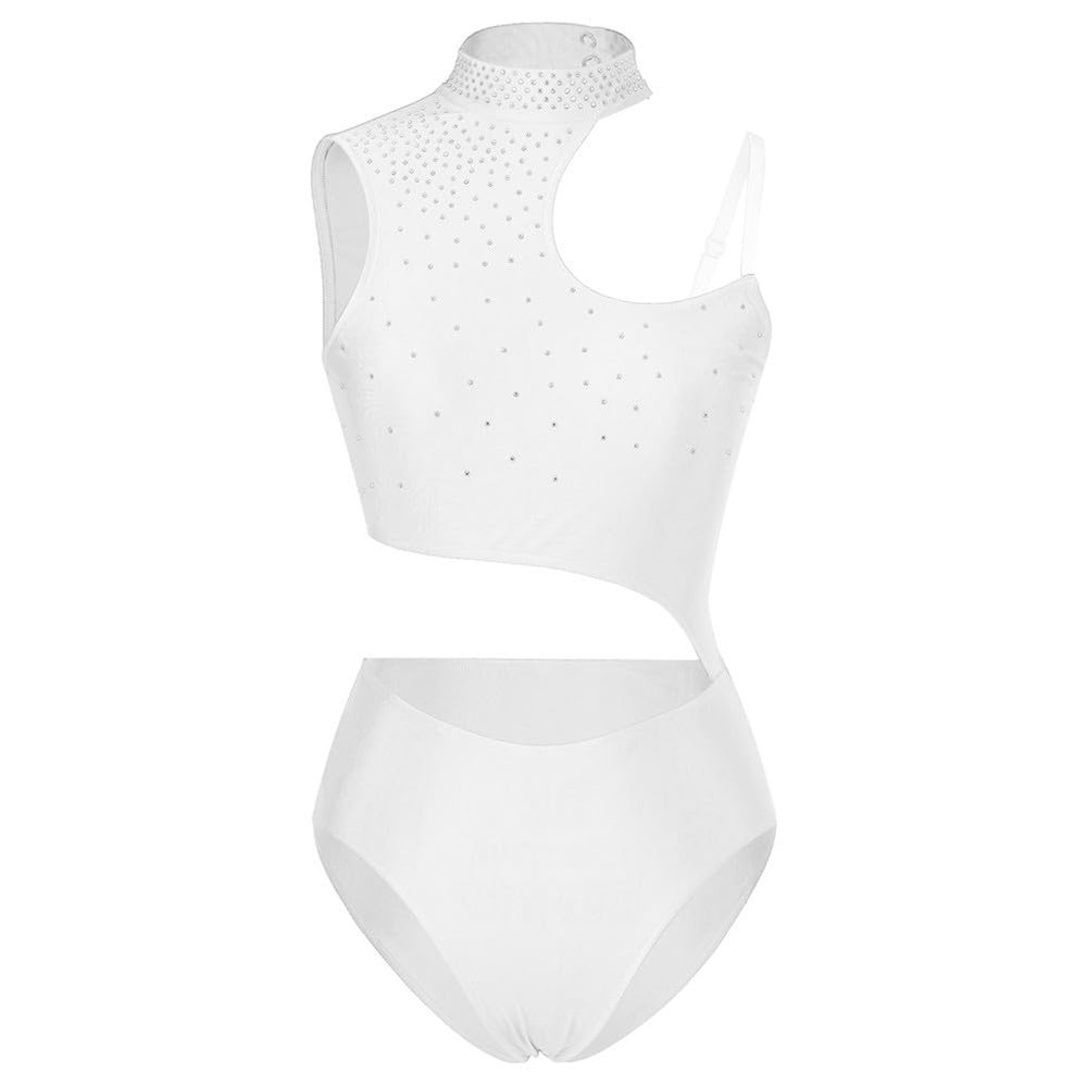 Vsadsau Womens Rhinestone Ballet Dance Leotard Gymnastics Workout Bodysuit Unitard Skating Dance Costume White L