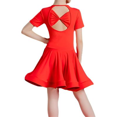 Kid Girls Latin Dance Dress Rumba Samba Ballroom Short Sleeve Stretch Performance Dancewear, Red, 180cm