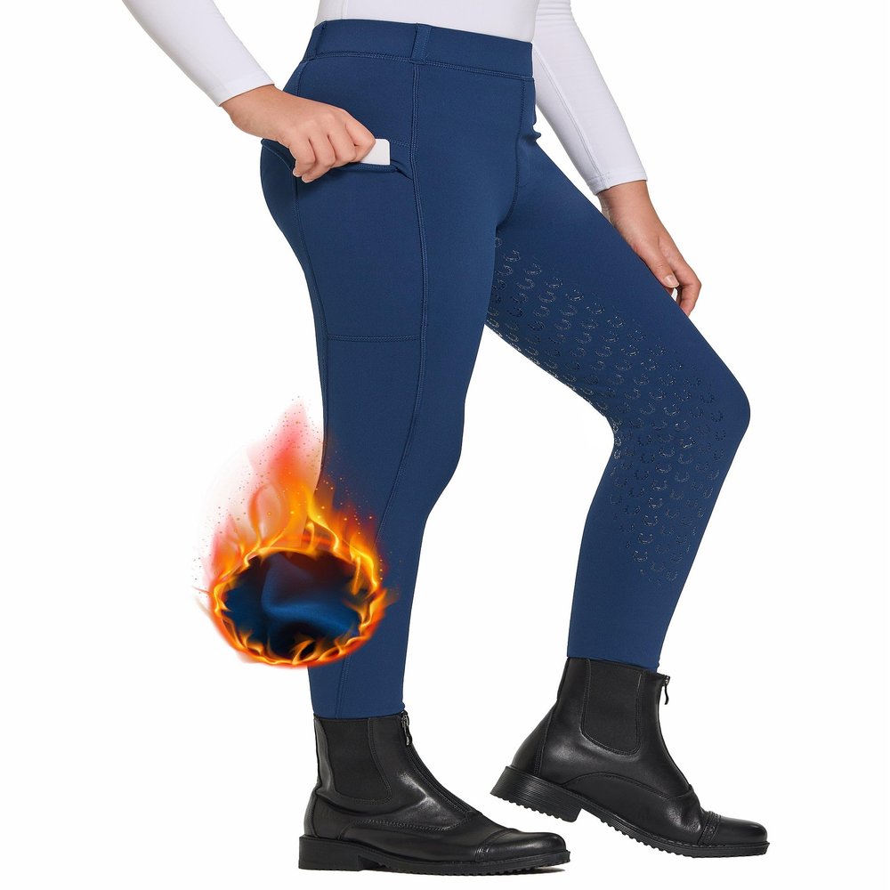 FitsT4 Sports Girls Winter Riding Pants Fleece Lined Riding Breeches Kids Full Seat Equestrian Pants Tights with Pockets NavyBlue,XS
