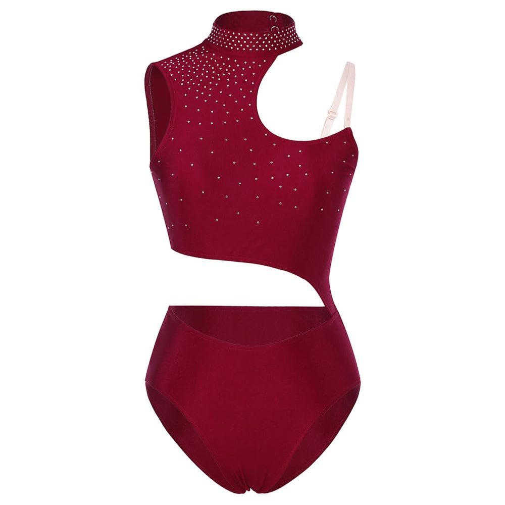 Vsadsau Womens Rhinestone Ballet Dance Leotard Gymnastics Workout Bodysuit Unitard Skating Dance Costume Burgundy L