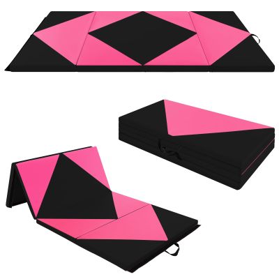 Goplus 8' x 4' x 2" Gymnastics Mat, Folding Tumbling Mat with Carry Handles, Hook & Loop Fasteners, 4 Panels for Fitness Exercise Yoga Stretching Aerobics Workouts, Thick Gym Mats for Home (Rose&Black)