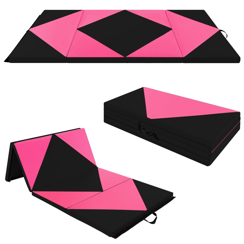 Goplus 8' x 4' x 2" Gymnastics Mat, Folding Tumbling Mat with Carry Handles, Hook & Loop Fasteners, 4 Panels for Fitness Exercise Yoga Stretching Aerobics Workouts, Thick Gym Mats for Home (Rose&Black)
