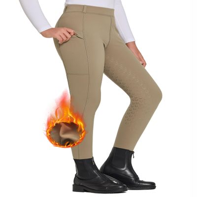 FitsT4 Sports Girls Winter Riding Pants Fleece Lined Riding Breeches Kids Full Seat Equestrian Pants Tights with Pockets Brown,XL