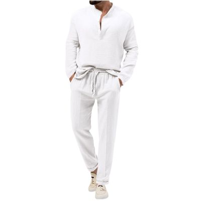 Cambkatl Fall Lounge Sets for Men Cotton Linen Casual Henley Shirts & Pants Two Piece Beach Vacation Outfits