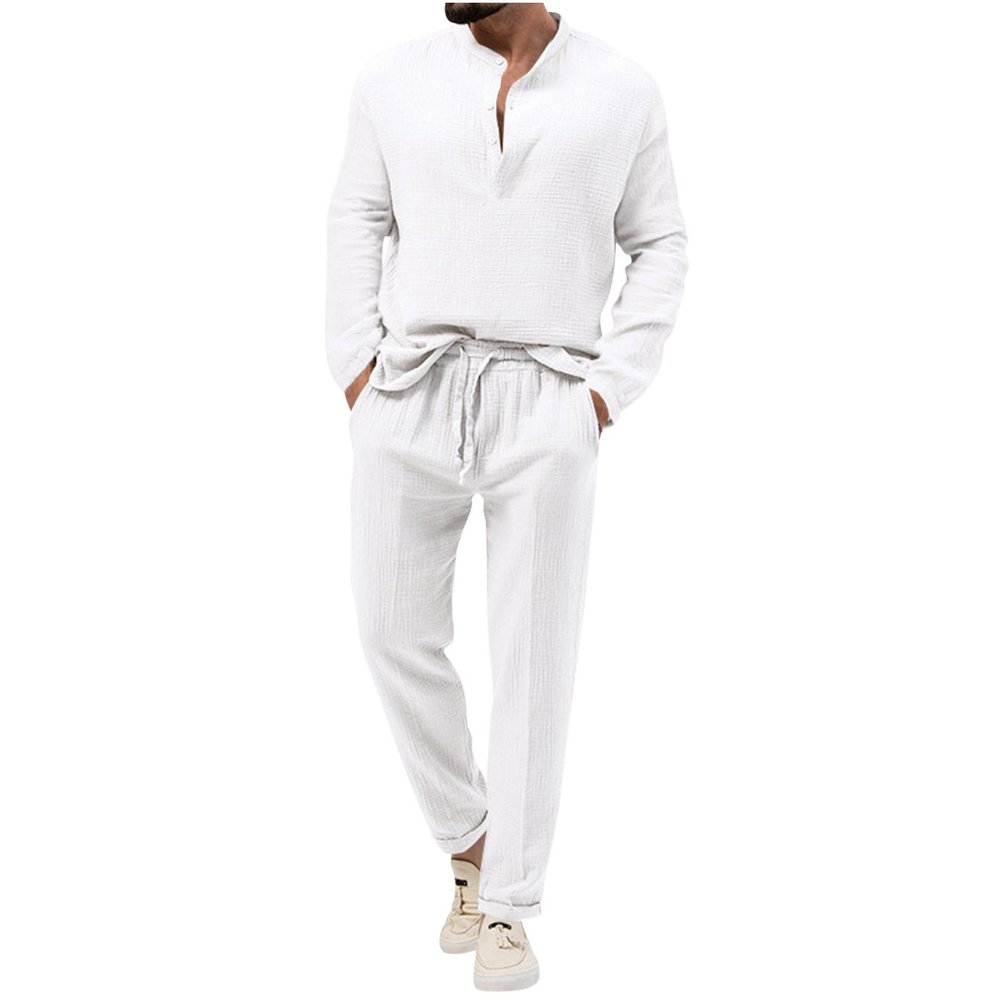Cambkatl Fall Lounge Sets for Men Cotton Linen Casual Henley Shirts & Pants Two Piece Beach Vacation Outfits