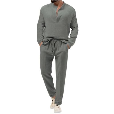 Cambkatl Fall Lounge Sets for Men Cotton Linen Casual Henley Shirts & Pants Two Piece Beach Vacation Outfits