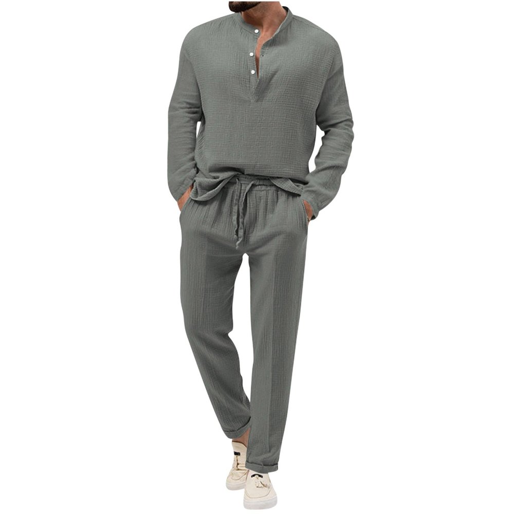 Cambkatl Fall Lounge Sets for Men Cotton Linen Casual Henley Shirts & Pants Two Piece Beach Vacation Outfits