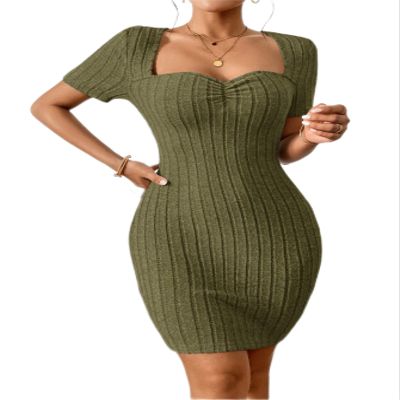 Women's Dresses Sweetheart Neck Ruched Bust Bodycon Dress - Sexy Short Sleeve Mini Dress Dress for Women (Color : Army Green, Size : X-Small)