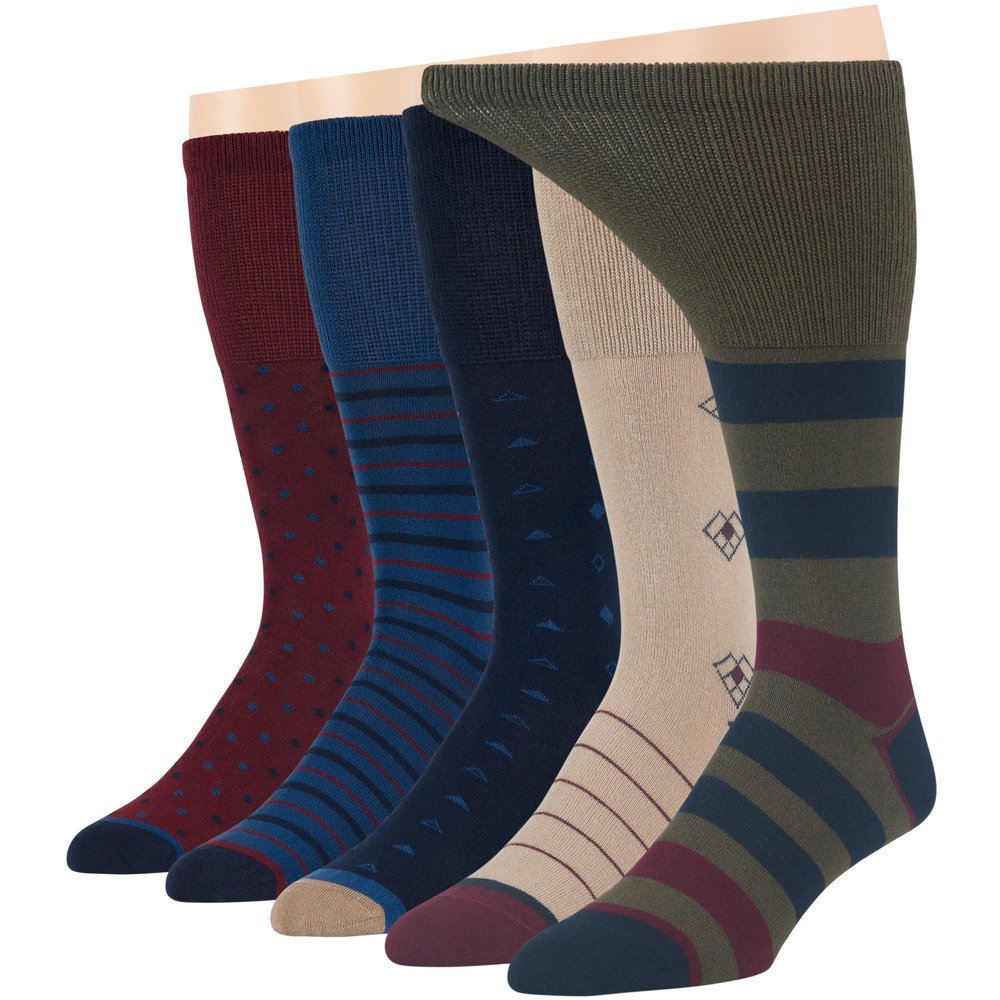 7BIGSTARS KINGDOM Men's Diabetic Fashion Dress Cotton Mid Calf Socks - 5 Pack Large - Stripe Pattern - Sock Size 10-13 Shoe Size 9-12 L Dark Navy, Navy, Burgundy, Olive Green, Beige
