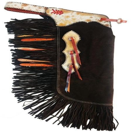 Showman Brown Suede Leather Chinks w/Hair-On Cowhide Accent