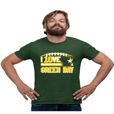 Large Forest Green Mens I Love Green Bay Wisconsin Outline T-Shirt
