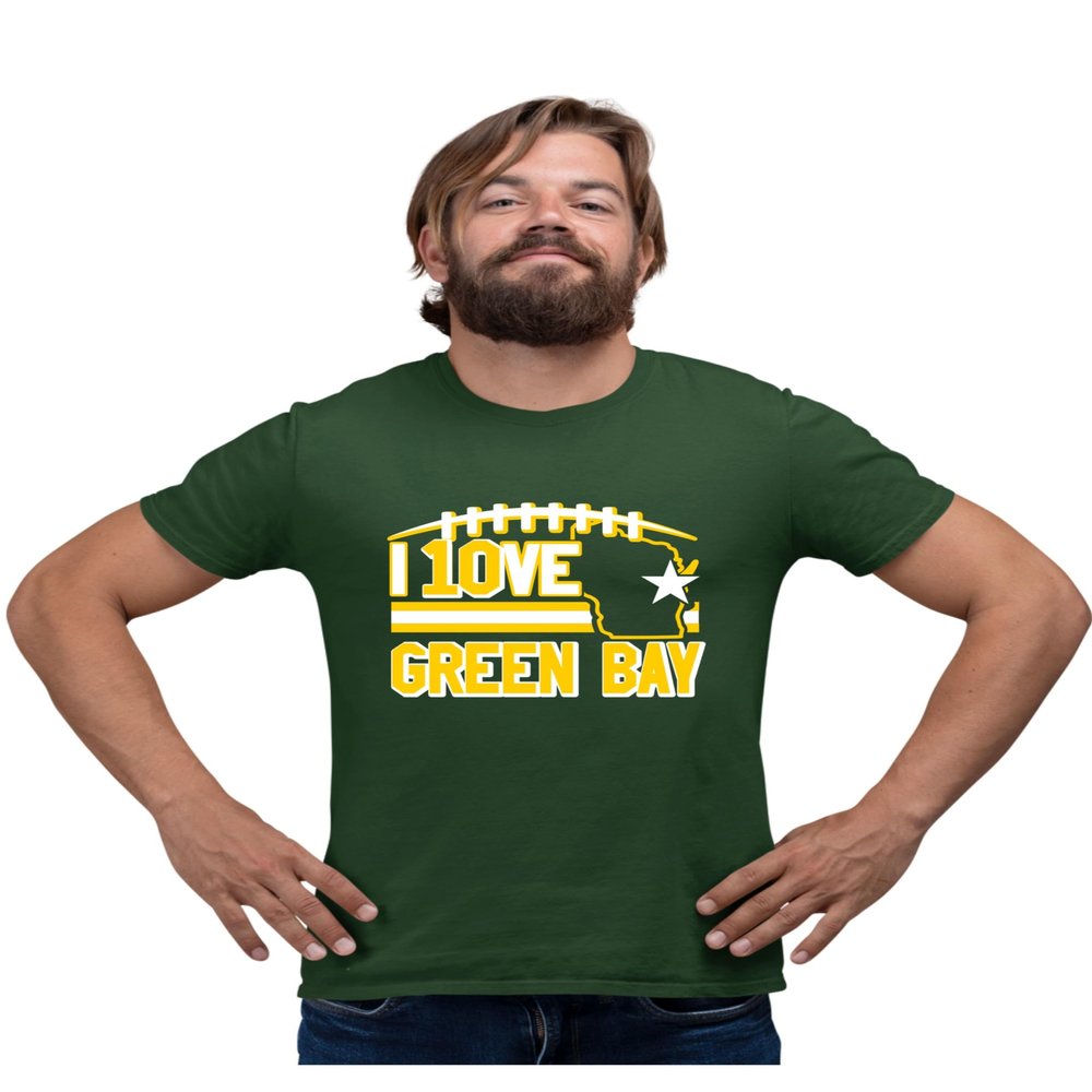 Large Forest Green Mens I Love Green Bay Wisconsin Outline T-Shirt