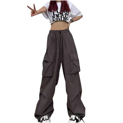 NATHGAM Women's Y2K Parachute Pants Drawstring Elastic High Waist Sweatpants Loose Baggy Cargo Pants Trousers with Pockets Gray
