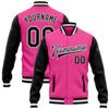Personalized Pink Varsity Letterman Jackets for Women Girls Youth, Custom Full-Snap, Rib-Knit Collar Black Baseball Sweatshirt Sports Coats with Two Front Pockets view 1