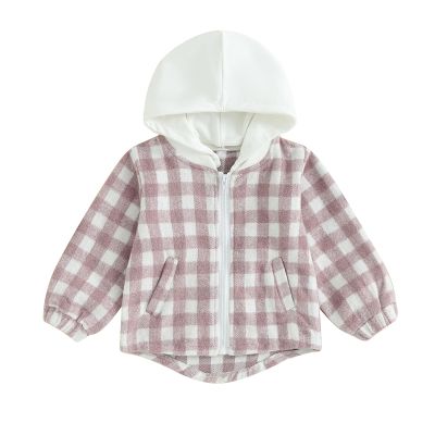 Douhoow Toddler Baby Plaid Jacket Baby Boy GIrl Flannel Hoodies Zip Up Hooded Fall Winter Outerwear Coat (Purple, 6-12 Months)