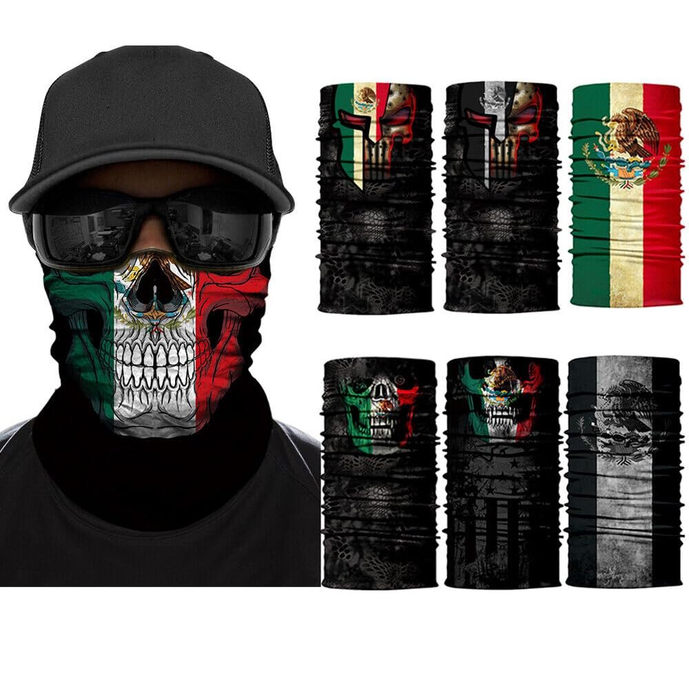DHSOU 7Pcs Mexican Flag Magic Skull Face Scarf Neck Gaiter Tube Bandana Headwear Biking Hats Outdoor Balaclavas Headband