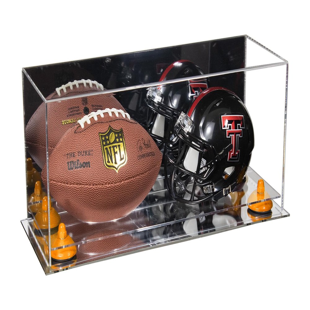 Better Display Cases Acrylic Mini - Miniature (not Full Size) Football and Helmet Display Case with Mirror Case, Orange Risers and Mirror Base (B46/A019)