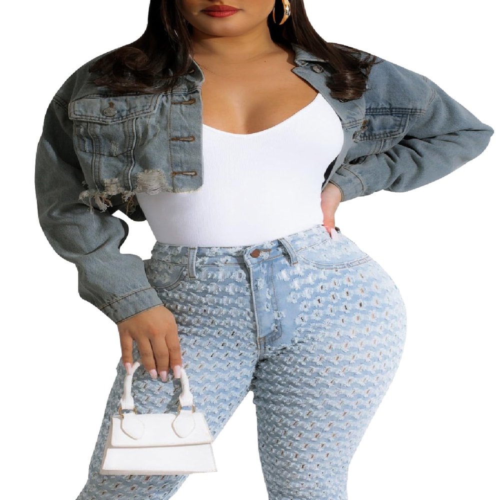 CutieLove Women's Cropped Denim Jackets Long Sleeve Destroyed Crop Top Casual Jean Coat