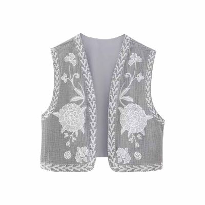 bawilom Women Vintage Embroidered Floral Vest Sleeveless Open Front Cropped Cardigan Jackets Dressy Casual Crop Tank Tops