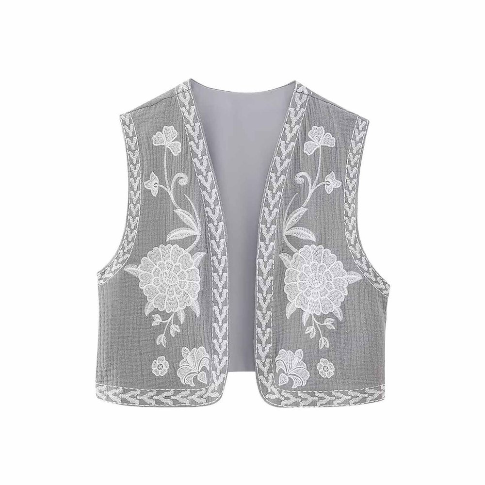 bawilom Women Vintage Embroidered Floral Vest Sleeveless Open Front Cropped Cardigan Jackets Dressy Casual Crop Tank Tops