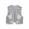 bawilom Women Vintage Embroidered Floral Vest Sleeveless Open Front Cropped Cardigan Jackets Dressy Casual Crop Tank Tops view 1
