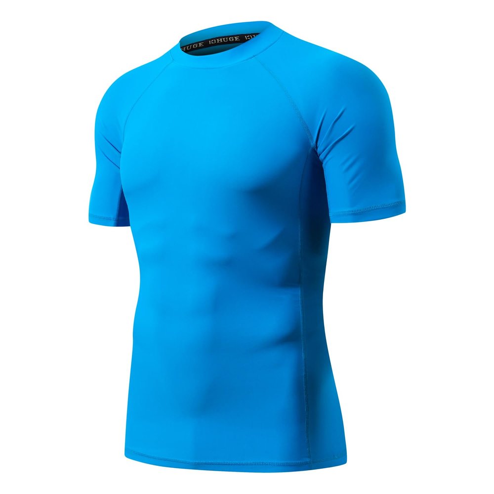 Men's Short Sleeve UPF 50+ Baselayer Skins Performance Fit Compression Rash Guard Logo Blue L