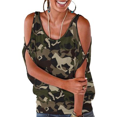 Beautiful Camouflage Horse Womens Cold Shoulder Tops Summer Tunic Short Sleeve Shirt Tee Blouses