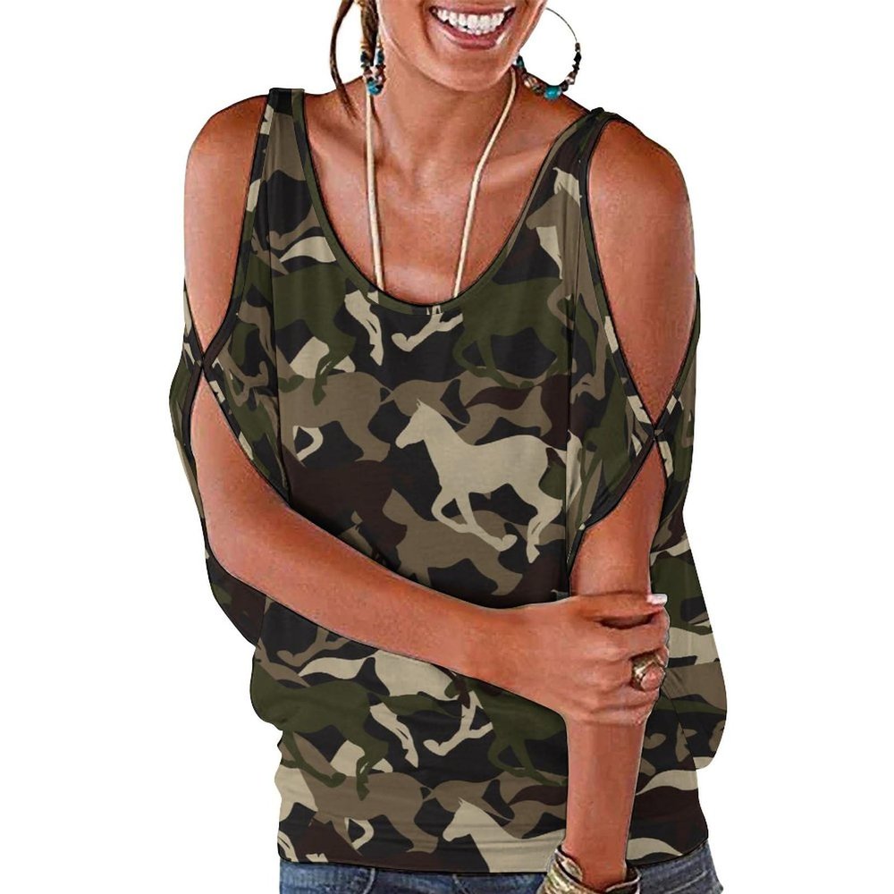Beautiful Camouflage Horse Womens Cold Shoulder Tops Summer Tunic Short Sleeve Shirt Tee Blouses