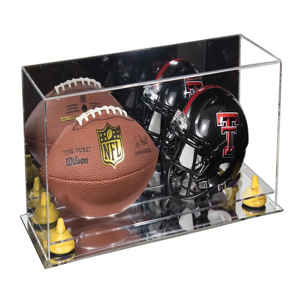 Better Display Cases Acrylic Mini - Miniature (not Full Size) Football and Helmet Display Case with Mirror Case, Yellow Risers and Mirror Base (B46/A019)