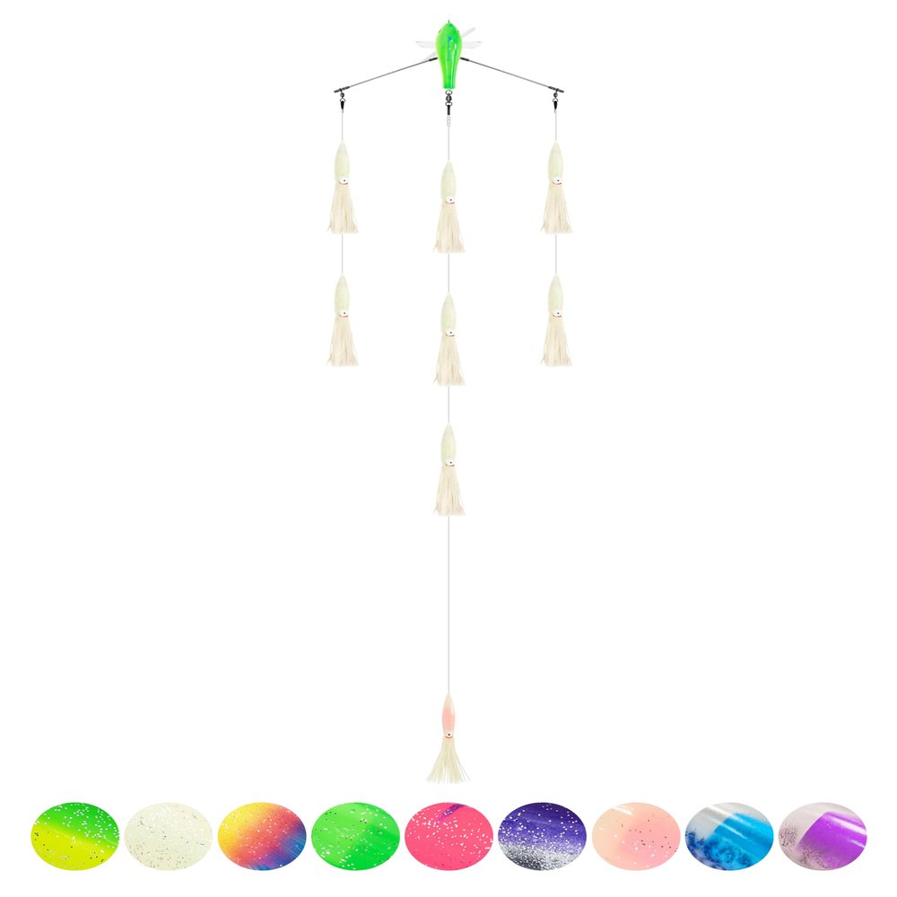 BLUEWING 18" Upgraded Fishing Spreader Bar Starboard Walker Offshore Trolling Spreader Bar with 6" Bulb Squids and 316 Stainless Steel Rod for Wahoo Tuna Marlin Mahi Mahi, Luminous